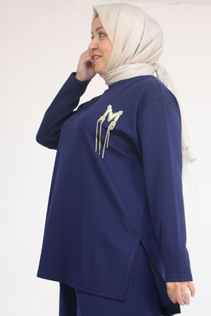 57043 Büyük Beden Yanı Yırtmaçlı Modal Pantolonlu Takım - İndigo