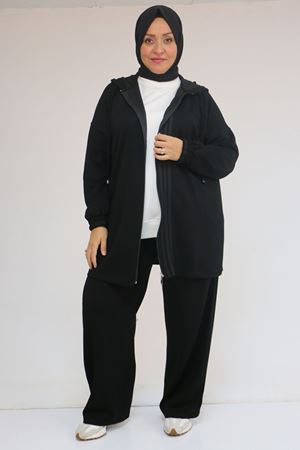 57056 Büyük Beden Renge Renk Garnili Modal Pantolonlu Takım - Siyah