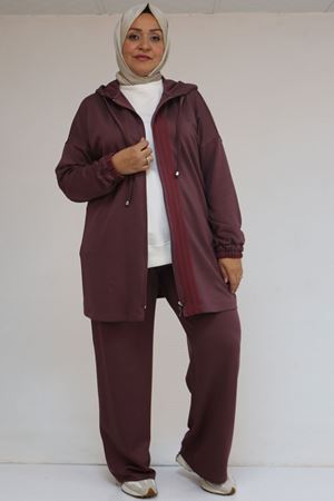 57056 Büyük Beden Renge Renk Garnili Modal Pantolonlu Takım - Gül Kurusu