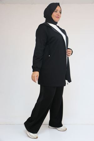 57056 Büyük Beden Renge Renk Garnili Modal Pantolonlu Takım - Siyah
