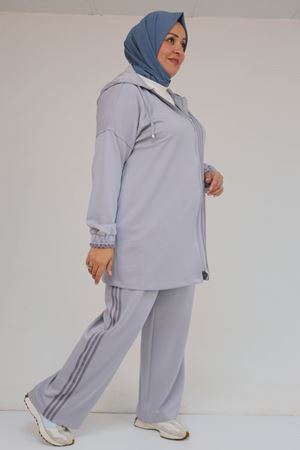 57056 Büyük Beden Renge Renk Garnili Modal Pantolonlu Takım - Gri