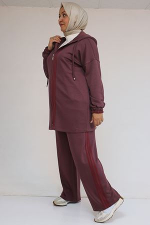 57056 Büyük Beden Renge Renk Garnili Modal Pantolonlu Takım - Gül Kurusu