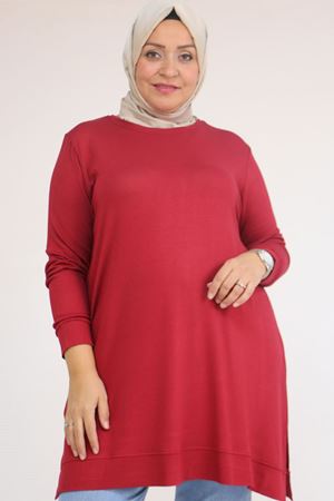 58120 Büyük Beden Manşetli Çilek Tunik - Bordo