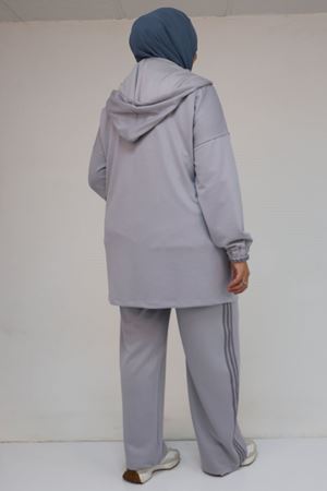 57056 Büyük Beden Renge Renk Garnili Modal Pantolonlu Takım - Gri