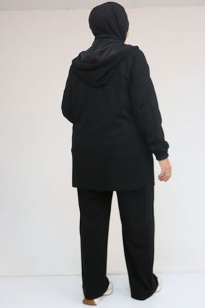 57056 Büyük Beden Renge Renk Garnili Modal Pantolonlu Takım - Siyah