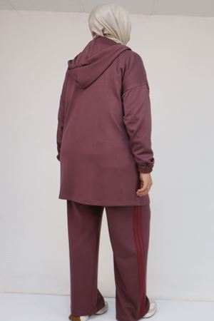 57056 Büyük Beden Renge Renk Garnili Modal Pantolonlu Takım - Gül Kurusu