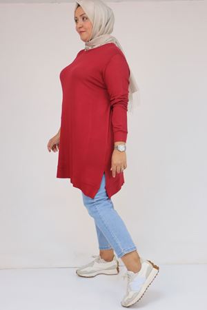 58120 Büyük Beden Manşetli Çilek Tunik - Bordo