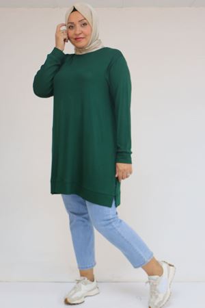 58120 Büyük Beden Manşetli Çilek Tunik - Zümrüt