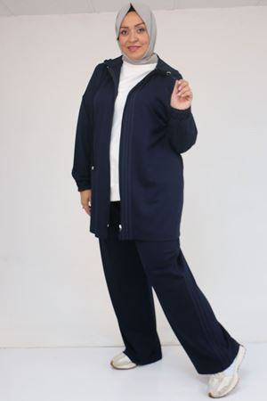 57056 Büyük Beden Renge Renk Garnili Modal Pantolonlu Takım - Lacivert