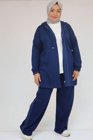 57056 Büyük Beden Renge Renk Garnili Modal Pantolonlu Takım - İndigo