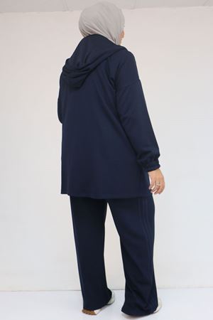 57056 Büyük Beden Renge Renk Garnili Modal Pantolonlu Takım - Lacivert
