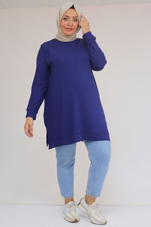 58120 Büyük Beden Manşetli Çilek Tunik - İndigo