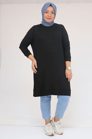 58120 Büyük Beden Manşetli Çilek Tunik - Siyah