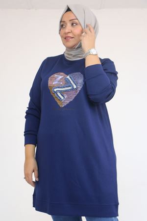 58141 Büyük Beden Önünde Kalp Baskılı Modal Tunik - İndigo