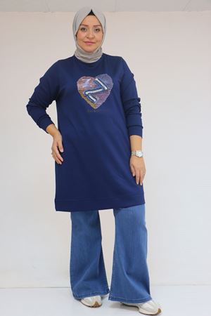 58141 Büyük Beden Önünde Kalp Baskılı Modal Tunik - İndigo
