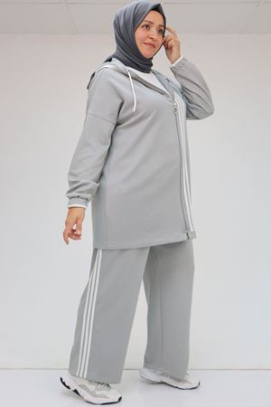 47058 Büyük Beden Şerit Detaylı Modal Pantolonlu Takım - Gri