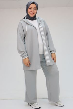 47058 Büyük Beden Şerit Detaylı Modal Pantolonlu Takım - Gri