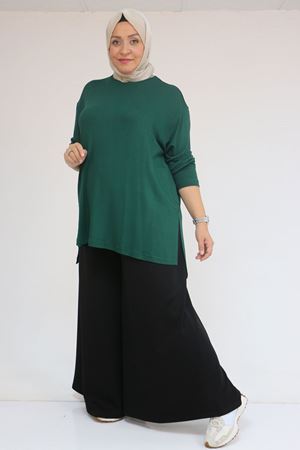 58119 Büyük Beden Yanı Yırtmaçlı Çilek Tunik - Zümrüt