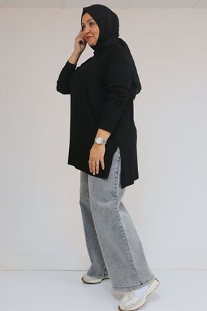 58119 Büyük Beden Yanı Yırtmaçlı Çilek Tunik - Siyah