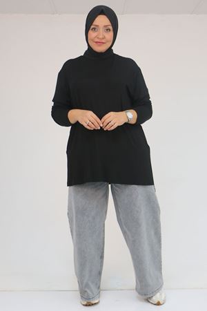58119 Büyük Beden Yanı Yırtmaçlı Çilek Tunik - Siyah
