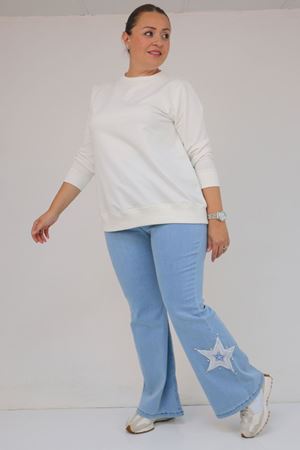 59033 Büyük Beden İspanyol Paça Aksesuar Detaylı Kot Pantolon - Buz Mavi