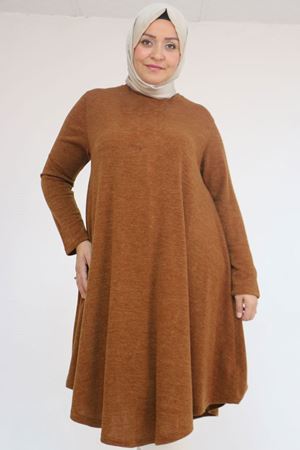 58147 Büyük Beden Mevlana Kesim Mir Tunik - Taba