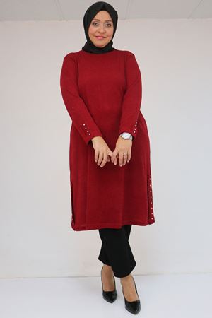 58146 Büyük Beden Kol Ve Yan Patları Taş Detaylı Mir Tunik - Bordo