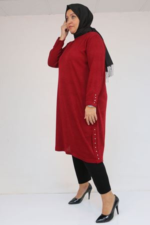 58146 Büyük Beden Kol Ve Yan Patları Taş Detaylı Mir Tunik - Bordo
