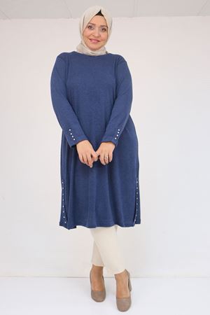 58146 Büyük Beden Kol Ve Yan Patları Taş Detaylı Mir Tunik - İndigo