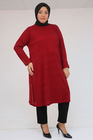 58146 Büyük Beden Kol Ve Yan Patları Taş Detaylı Mir Tunik - Bordo