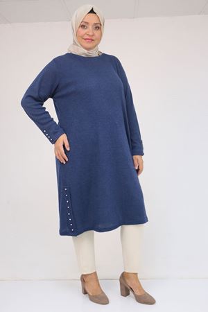 58146 Büyük Beden Kol Ve Yan Patları Taş Detaylı Mir Tunik - İndigo