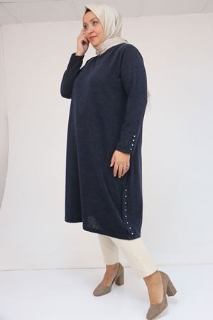 58146 Büyük Beden Kol Ve Yan Patları Taş Detaylı Mir Tunik - Lacivert