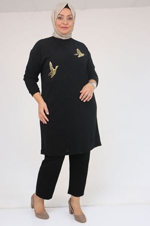58143 Büyük Beden Düşük Kollu Aksesuar Detaylı Mir Tunik - Siyah