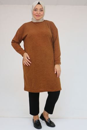 58148 Büyük Beden Düşük Kollu Mir Tunik - Taba