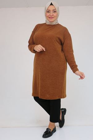 58148 Büyük Beden Düşük Kollu Mir Tunik - Taba