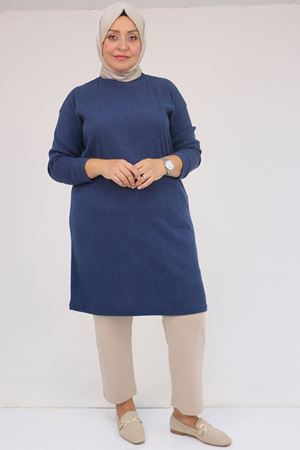 58148 Büyük Beden Düşük Kollu Mir Tunik - İndigo