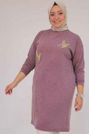 58143 Büyük Beden Düşük Kollu Aksesuar Detaylı Mir Tunik - Gül Kurusu