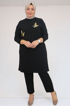 58143 Büyük Beden Düşük Kollu Aksesuar Detaylı Mir Tunik - Siyah