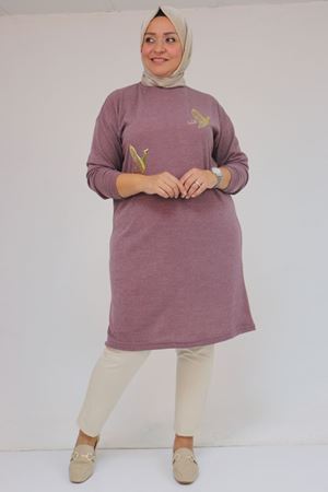 58143 Büyük Beden Düşük Kollu Aksesuar Detaylı Mir Tunik - Gül Kurusu