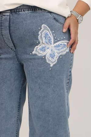 59035 Büyük Beden Kelebek Taş Detaylı Bol Paça Kot Pantolon - Kar Yıkama Mavi