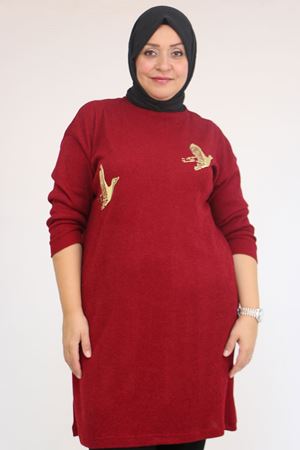 58143 Büyük Beden Düşük Kollu Aksesuar Detaylı Mir Tunik - Bordo