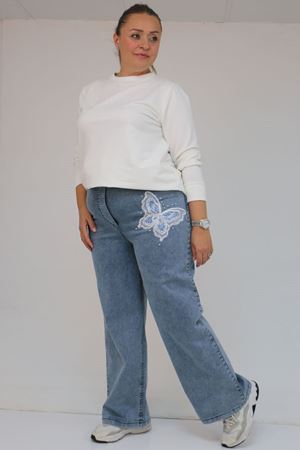 59035 Büyük Beden Kelebek Taş Detaylı Bol Paça Kot Pantolon - Kar Yıkama Mavi