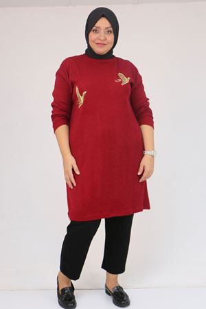58143 Büyük Beden Düşük Kollu Aksesuar Detaylı Mir Tunik - Bordo