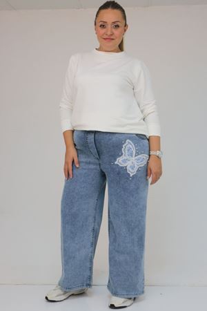 59035 Büyük Beden Kelebek Taş Detaylı Bol Paça Kot Pantolon - Mavi