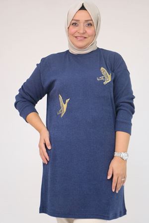 58143 Büyük Beden Düşük Kollu Aksesuar Detaylı Mir Tunik - İndigo