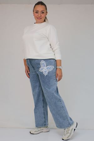 59035 Büyük Beden Kelebek Taş Detaylı Bol Paça Kot Pantolon - Mavi