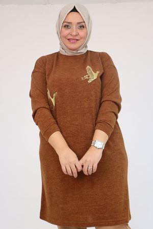 58143 Büyük Beden Düşük Kollu Aksesuar Detaylı Mir Tunik - Taba