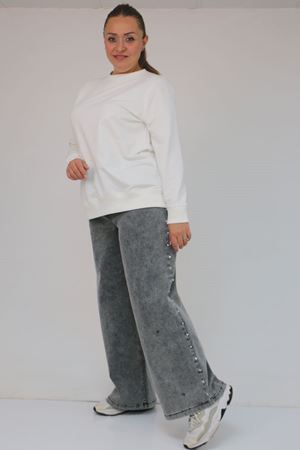 59034 Büyük Beden Bolpaça Taş Detaylı Kot Pantolon - Kar Yıkama Siyah