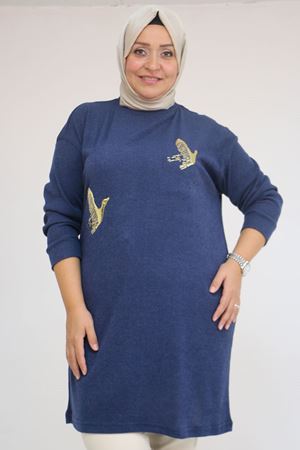 58143 Büyük Beden Düşük Kollu Aksesuar Detaylı Mir Tunik - İndigo