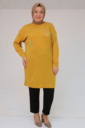 58143 Büyük Beden Düşük Kollu Aksesuar Detaylı Mir Tunik - Hardal